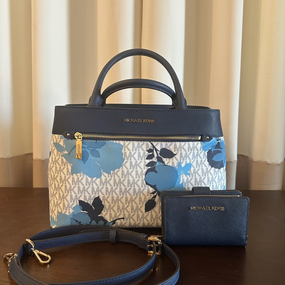 Michael Kors Satchel and Flap Wallet Set - Navy Floral Print